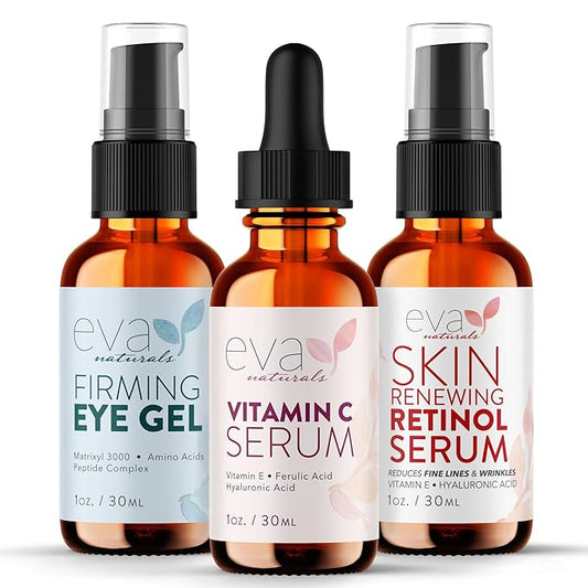Eva Naturals Facelift in a Bottle Serum Set – Vitamin C, Retinol & Eye Gel for Face & Eyelid – Firming Wrinkle Moisturizer Kit – Dark Circle, Eye Bag & Neck Care – Anti Wrinkle Skin Care for Women