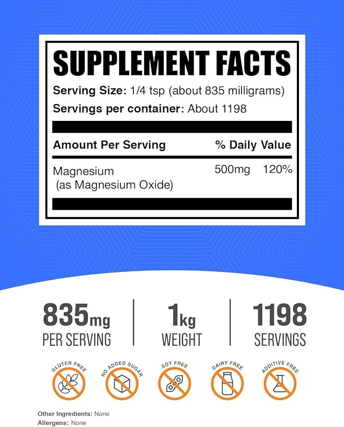 BulkSupplements.com Magnesium Oxide Powder - Magnesium Oxide Supplement, Mineral Supplement - Food Grade & Gluten Free, 835mg per Serving, 1kg (2.2 lbs) (Pack of 1)