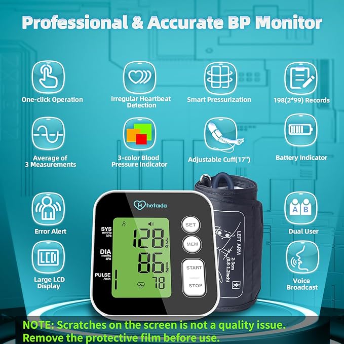 Blood Pressure Monitor, Upper Arm Blood Pressure Machine for Home Use, Digital Talking BP Monitor with 2x99 Readings Memory Adjustable Cuff 8.7"-16.5" Large LCD Backlit Display