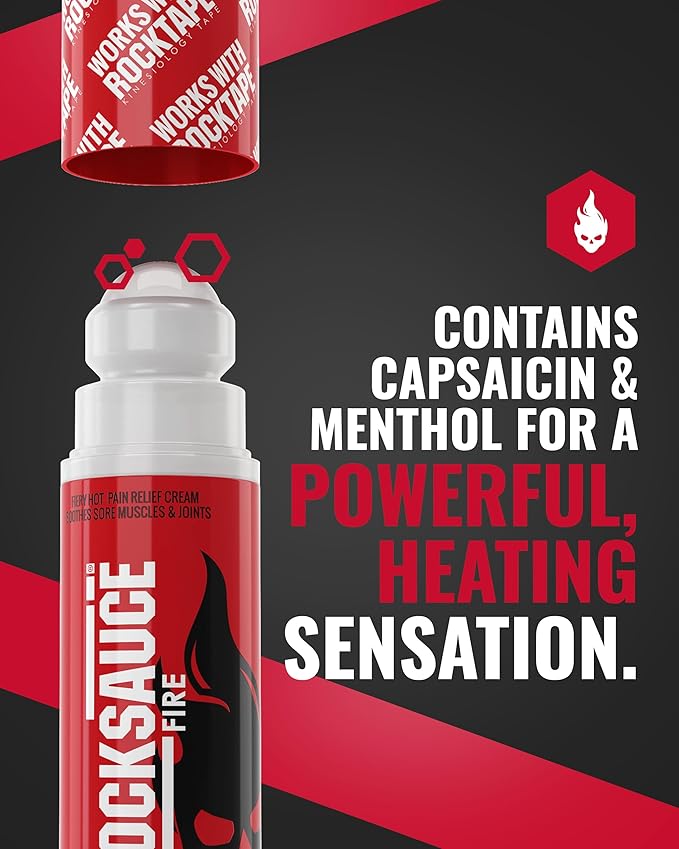 RockSauce Fire, 3 oz Roll-On - Easy to use Pain Relief Cream - Capsaicin & Menthol Formula Relieves Muscle & Joint Pain - Works w/ RockTape - No-Mess Applicator - Dye-Free, Won't Stain Clothes