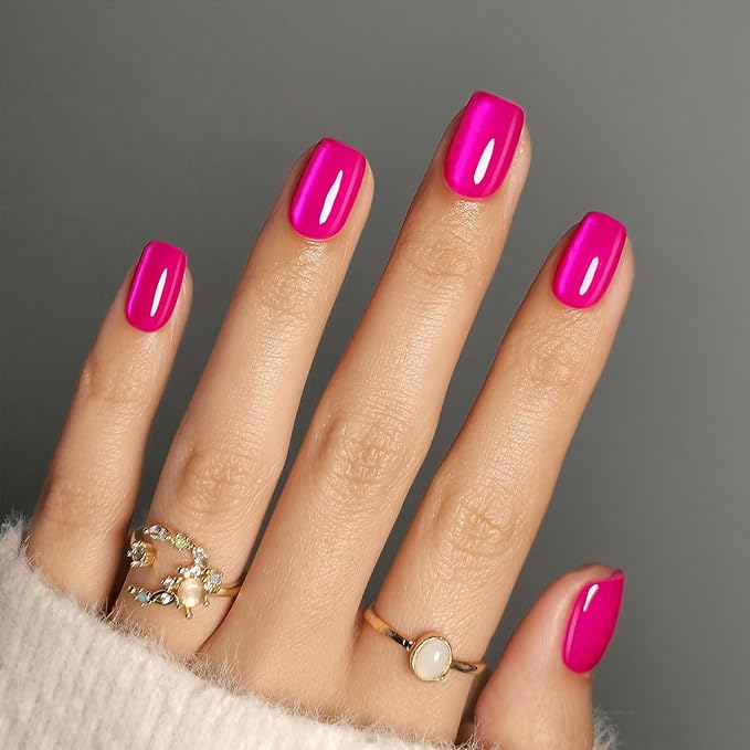 Hot Pink Press on Nails Short - Cat Eye Press on Nails Square for Women Gift, Natural Fit & Glossy Stick on Nails in 16 Sizes - 32 Reusable Soft Gel Fake Nails with Glue, Hot Pink
