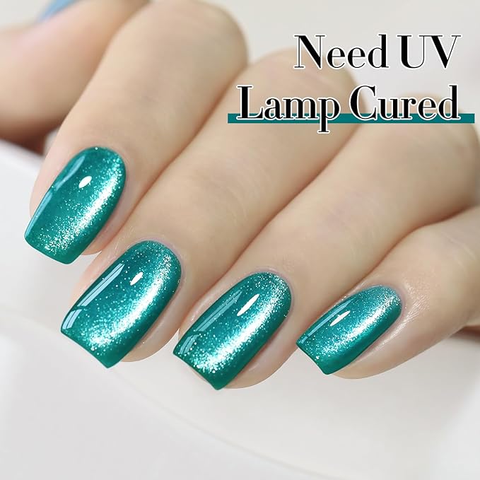 Double Rhythm 0.5 OZ Cat Eye Gel Polish with Magnet 15ML Holographic Glitter Shimmer Translucent Jelly Color Magnetic Gel Polish Salon DIY at Home (Teal-MC1027)