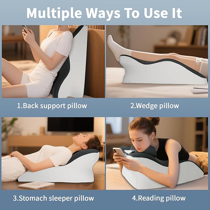 Ergonomic Wedge Prone Pillow,Multi-Functional Bed Pillow,Reading Pillow,Ideal for Bed Breaks,Massage,Reading,Back Support,Sleeping,Anti Snoring, and Leg Pain Relief