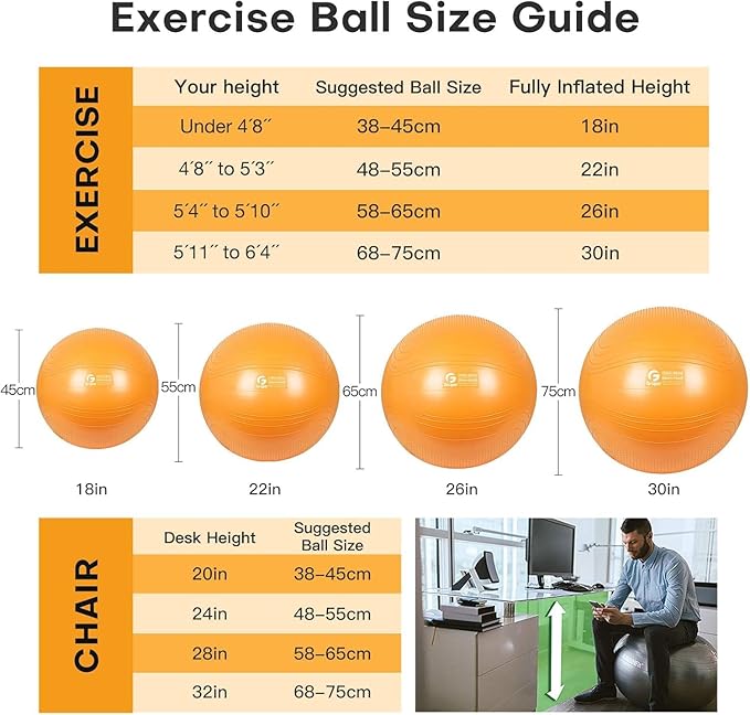 Gruper Yoga Ball, 18-30 Inch Extra Thick Exercise Ball for Workout Fitness Balance, Anti Burst Chair for Home and Office Desk, Includes Hand Pump & Workout Guide Access