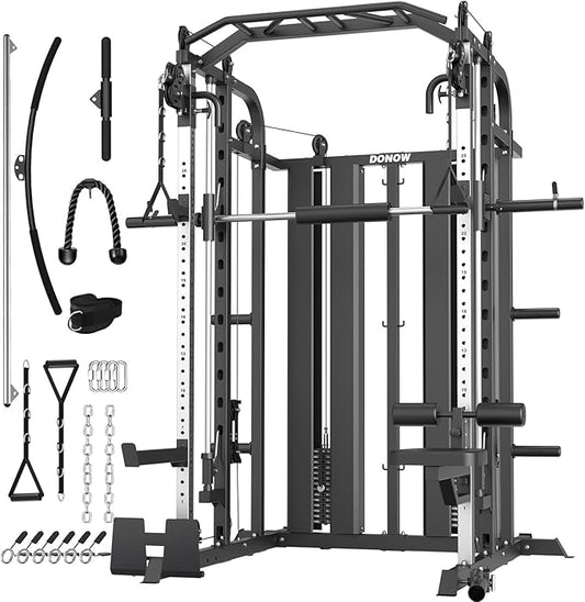 DONOW Smith Machine with Weight Stacks Home Gym Sytem Power Cage Squat Rack Dual Cable Crossover Machine All in One