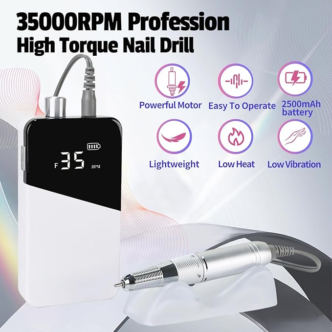 Electric Nail Drill Machine 35000RPM Professional Portable Nail File Cordless Rechargeable Nail Efile for Acrylic Gel Nails Manicure Pedicure Polishing Shape Tools for Salon (White)