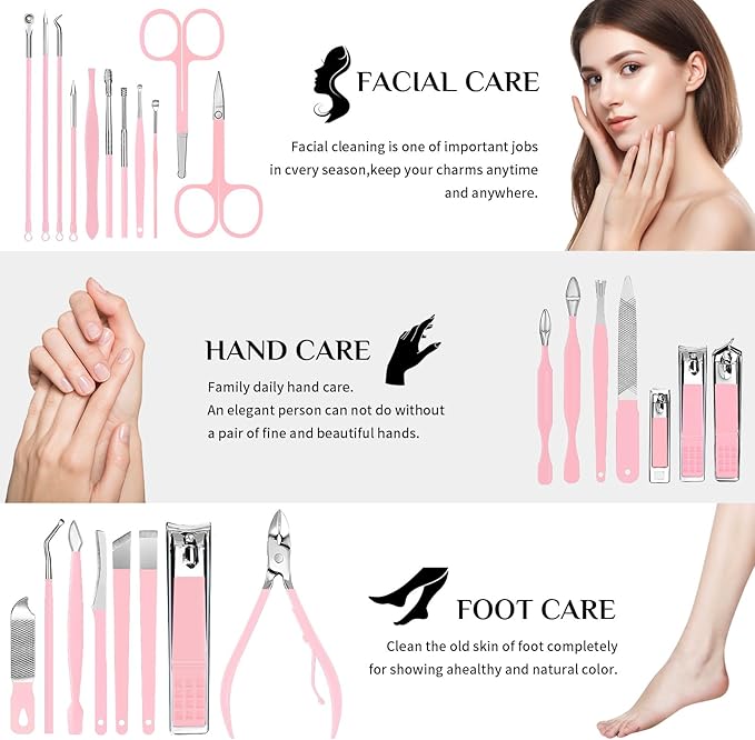 Manicure Set Professional Nail Clipper Kit-26 Pieces Stainless Steel Manicure Kit,Nail Care Tools with Luxurious Travel Case (Pink)