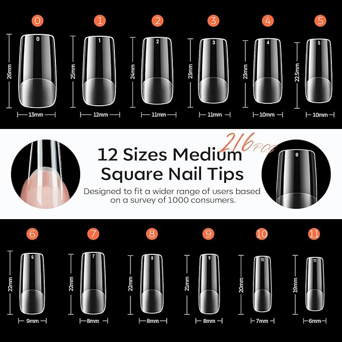 modelones Medium Square Nail Tips, Pre-shaped Soft Gel Tips Fake Nails False Acrylic Clear Full Cover Press on Extension Kit Gel Manicure DIY at Home 216PCS 12Sizes