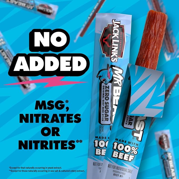 Jack Link’s x MrBeast Zero Sugar Mini Beef Sticks – 6g Protein per 2 Individually-Wrapped Meat Sticks, Made with 100% Real Beef, Perfect for School Lunches, Kids Snacks, 12 Count of .5oz Sticks