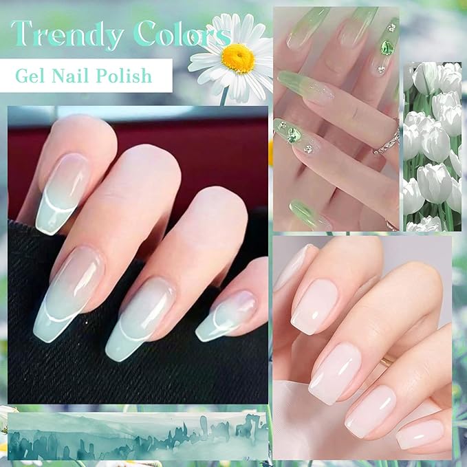 MTSSII Jelly Green White Gel Nail Polish Set, 8 Transparent Colors Sheer Gel Nail Kit for Salon Sage Green Gel Manicure and Nail Art DIY at Home for Girls Women