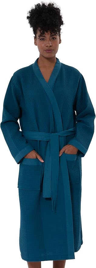 SEYANTE Women’s Luxury Waffle Shawl Collar, Hooded Robe w Piping – Lightweight, Long, Ultra Soft Spa Sleepwear Bathrobe