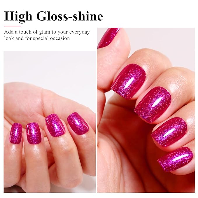 Imtiti Hot Pink Iridescent Glitter Gel Nail Polish, Soak Off LED U V Shimmer Sparkle Nail Gel Polish DIY Nail Art Starter Manicure Salon Kit for Women Girls 10ML