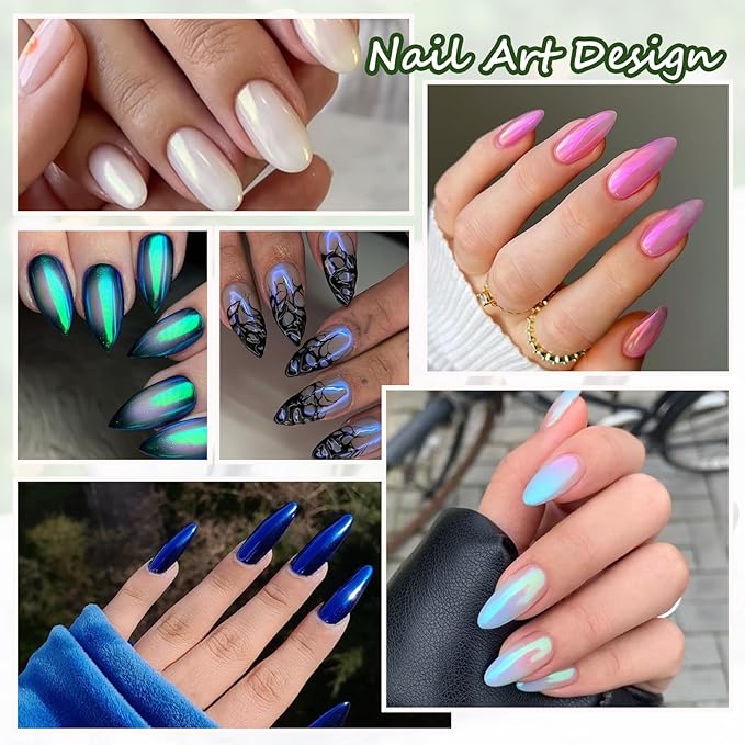 Mermaid Pearl Chrome Nail Powder 12 Colors Metallic Mirror Effect Iridescent Aurora Nail Glitter Pigment Rub-on Dust for Gel Nails Decoration Manicure Design