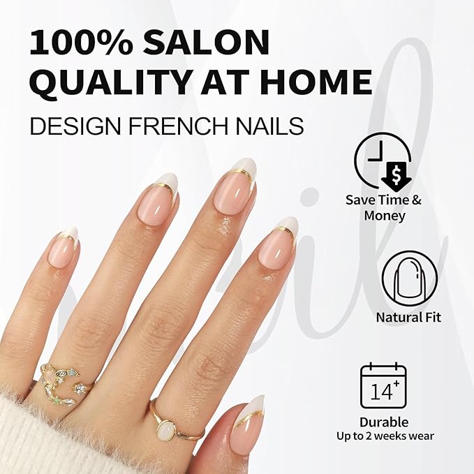 White French Tip Press on Nails with Gold Line Design - Soft Gel Almond Nails Short for Women, Glossy Glue on Nails with Glue in 16 Sizes - 32 Reusable Fake Nails, Gold Ribbon