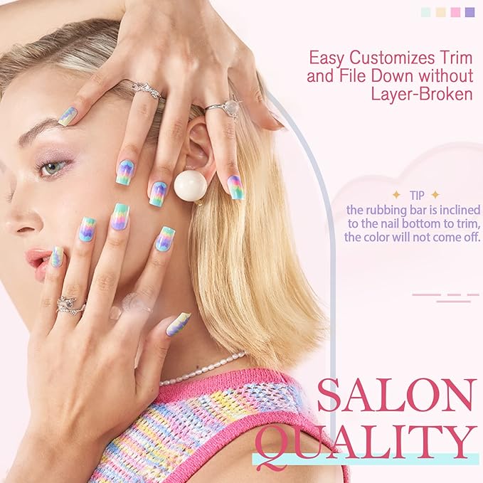 GLAMERMAID Tie Dye Press on Nails Medium Square, Colorful Ombre Light Green Pink Gel False Nals, Natural Light Color Glue on Nails Kit for Women, Reusable Stick on Acrylic Fake Nails Manicure Set