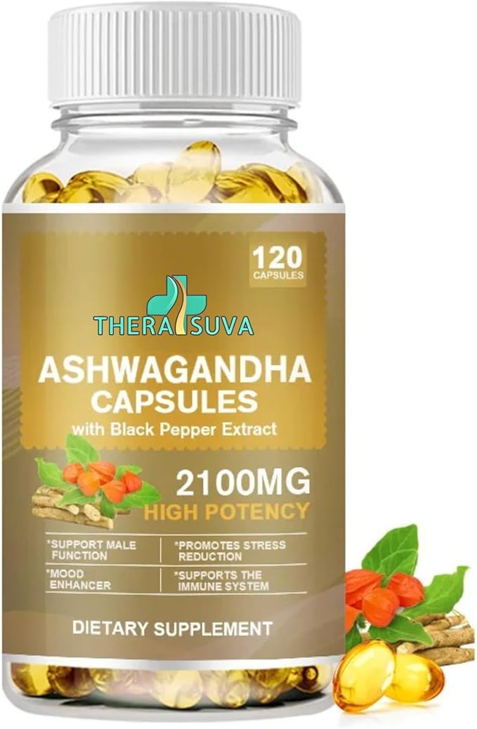 Superior Potency Ashwagandha 2100mg + Black Pepper Extract 8mg Supplement for Stress Relief & Immune Support, 120 Softgel Capsules, 60-Day Supply