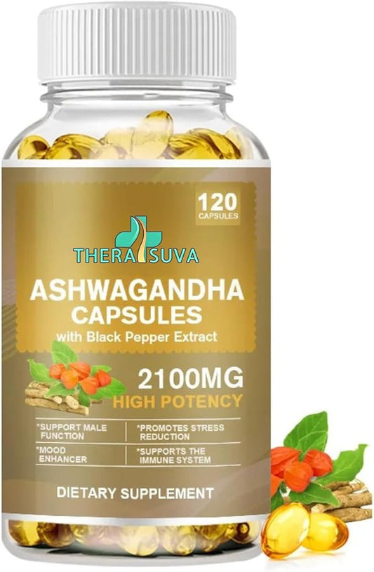 Superior Potency Ashwagandha 2100mg + Black Pepper Extract 8mg Supplement for Stress Relief & Immune Support, 120 Softgel Capsules, 60-Day Supply