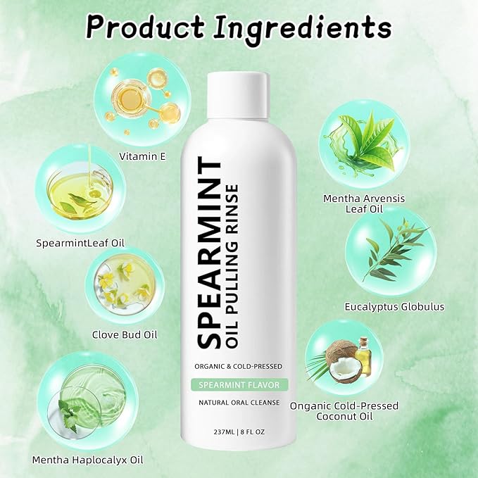 Spearmint Oil Pulling Rinse, White Oil Pulling Rinse, Cold-Pressed Coconut Mouthwash for Teeth Whitening, Peppermint Mouthwash Freshness for Teeth and Gums, 8 Oz