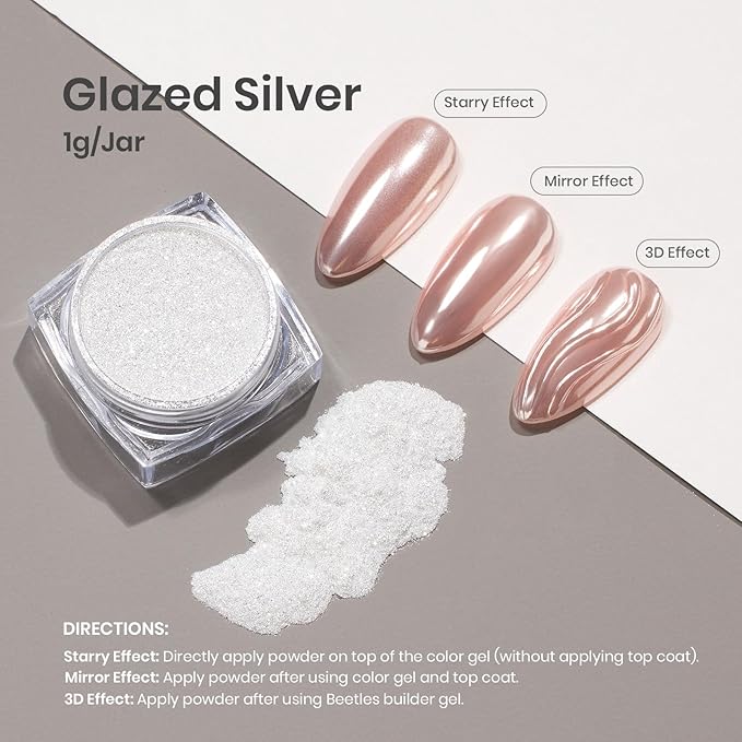 Beetles Silver Aurora Chrome Nail Powder Pearl Mirror Effect 1g Chrome Powder for Gel Nail Polish Silver Manicure Crome Nails Glazed Nails Art Design Gift for Women