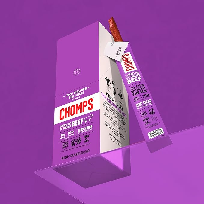 Chomps Grass-Fed and Finished Taco Beef Jerky Snack Sticks 10-Pack - Keto, Paleo, Whole30, 10g Lean Meat Protein, Gluten-Free, Zero Sugar Food, Non-GMO