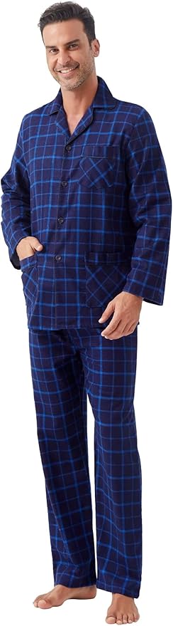 GLOBAL Men's Pajamas Sets 100% Cotton Flannel Sleepwear Long-Sleeve top & Bottom