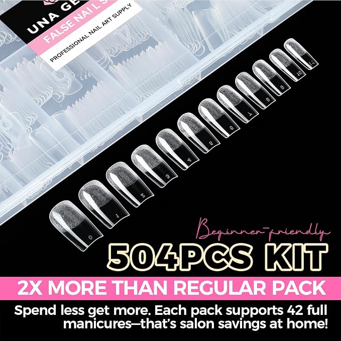UNA GELLA Square Fake Nails, 504pcs Gel Nail Tips Clear Press on Nails Pre-shape for Full Cover Square Nails French False Nails For Nail Extension Nail Art Home DIY 12 Sizes False Gelly Tips