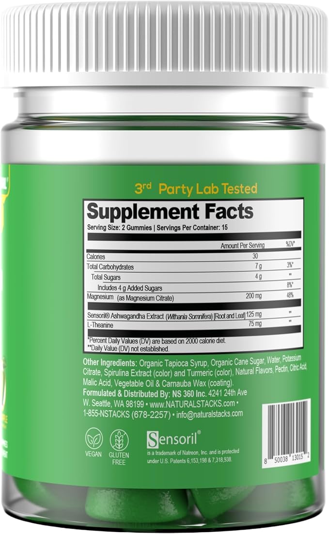 Zen Magnesium Gummies - 200mg Magnesium Citrate & 125mg Sensoril Ashwagandha Gummies - with L Theanine for Calm & Stress Support - Mag Citrate and Ashwagandha Supplement - 30 Green Apple Chewables