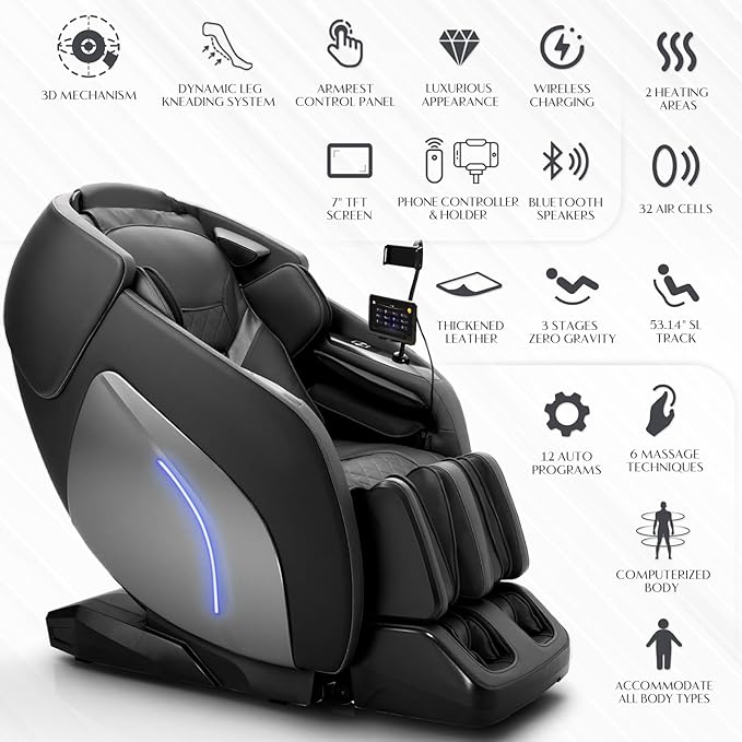 3D Massage Chair, Full Body Massage Chair, Zero Gravity Recliner w/Dynamic Leg Kneading System, 53.14" SL Track, Sleek Appearance, 12 Auto Modes, Wireless Charging, Bluetooth Speaker, TFT Screen