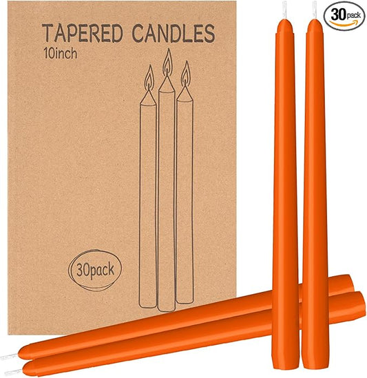 30 Pack Orange Taper Candles - Taper Candles 10 Inch Dripless, Smokeless & Unscented - 8 Hours Long Burning - Ideal for Weddings, Dinner Parties, and Home Decor