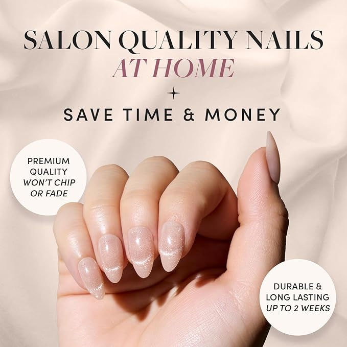 Glamnetic x GLAMZILLA Press On Nails - NOT YOUR CINDER-ELLA | Short Almond Nude Fake Nails with Velvet French Tip Effect, Salon Quality Wedding Nails | 15 Sizes - 30 Nail Kit with Glue