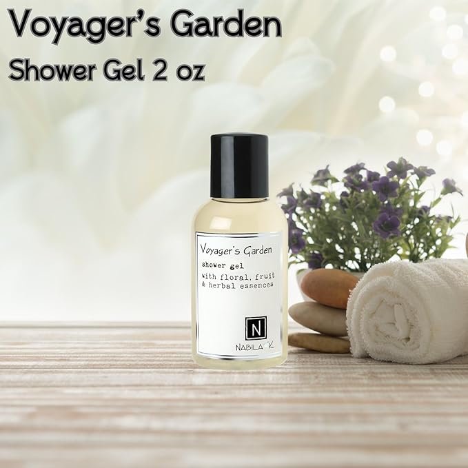 Nabila K Voyager’s Garden Shower Gel, Travel Size Refreshing Body Wash with Fruits, Flowers & Herbs, 2 oz - Naturally Derived, Sulfate-Free, Paraben-Free - Made in the USA