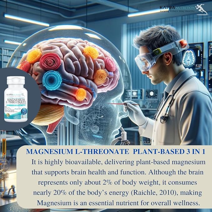 Kappa Nutrition Powered by Magbrain™ Magnesium L-Threonate Plant-Based, 420mg Elemental Magnesium (3 Capsules) from 2,253mg, 90 Vegan Capsules, Brain, Sleep & Muscle Support.