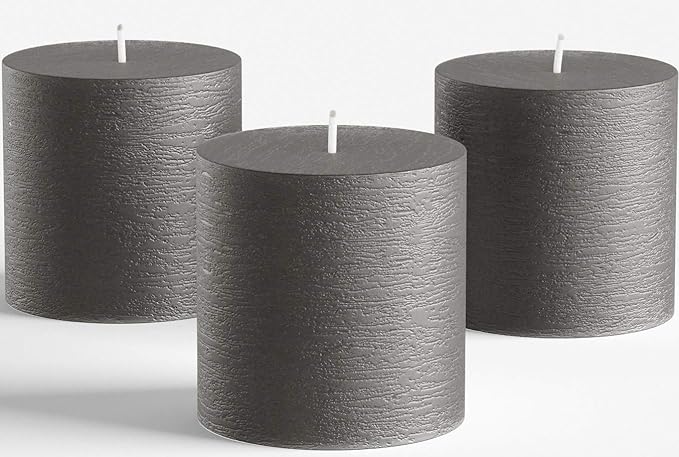Set of 3 Pillar Candles 3" x 3" Unscented Handpoured Weddings, Home Decoration, Restaurants, Spa, Church Smokeless Cotton Wick - Dark Grey