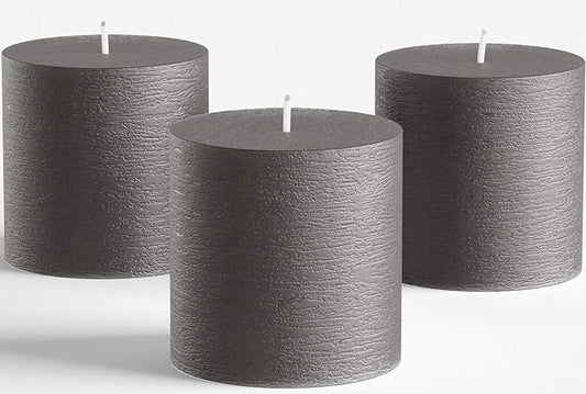 Set of 3 Pillar Candles 3" x 3" Unscented Handpoured Weddings, Home Decoration, Restaurants, Spa, Church Smokeless Cotton Wick - Dark Grey