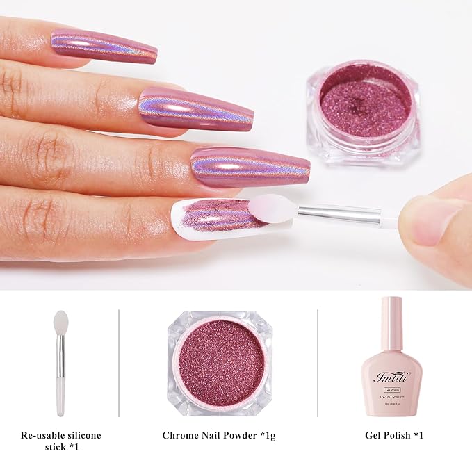Imtiti Holographic Rose Gold Chrome Nail Powder Kit,1g Holo Iridescent Pink Meatllic Mirror Effect Powder with 10ml White Color Gel Polish Metal Nail UV DIY Kit