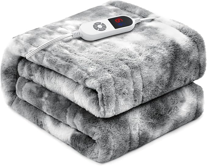 Electric Heated Blanket 62"x84",Luxury Grey Twin Faux Fur Electric Blanket,Fast Heating Soft Fluffy Thick Electric Blanket with 6 Heating Levels & 12H Auto Off