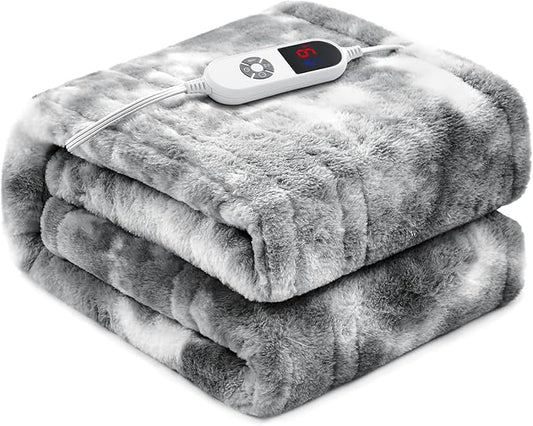 Electric Heated Blanket 62"x84",Luxury Grey Twin Faux Fur Electric Blanket,Fast Heating Soft Fluffy Thick Electric Blanket with 6 Heating Levels & 12H Auto Off