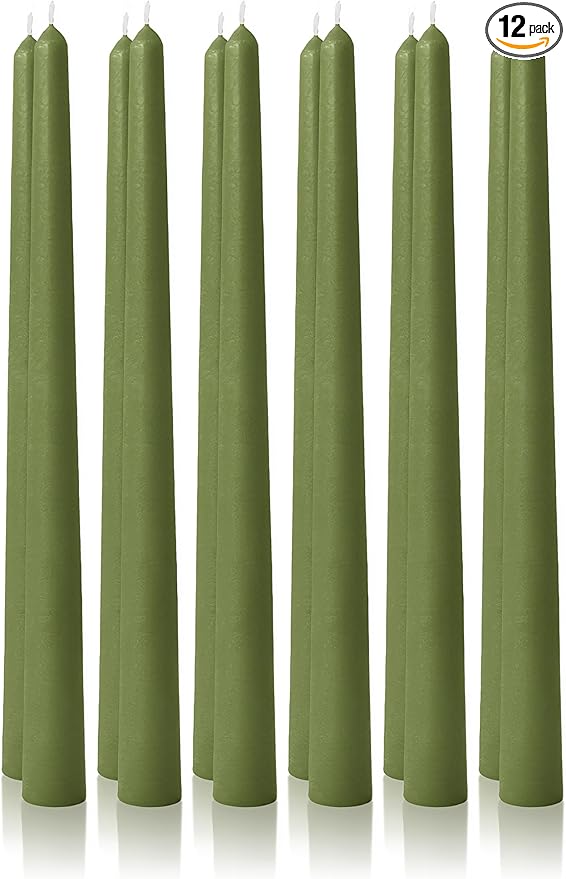 12pk 10" Classic Taper Candles, Moss Green, 7-8 Hours Long Burning, Unscented Tall Candlesticks