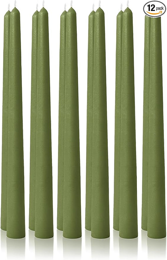 12pk 10" Classic Taper Candles, Moss Green, 7-8 Hours Long Burning, Unscented Tall Candlesticks