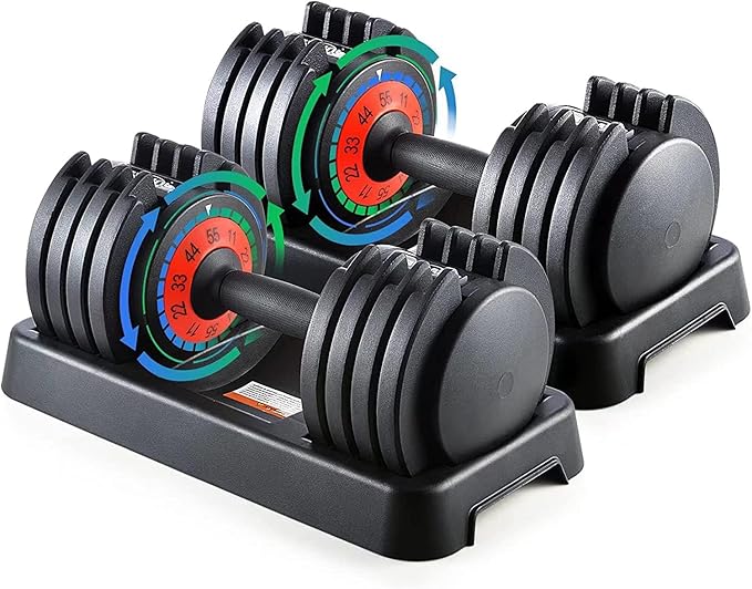 25/55 lbs Pair Adjustable Dumbbells Set, Adjustable Weights Dumbbells Set for Men and Women with Anti-Slip Fast Adjust Weight by Turning Handle,Black Dumbbell with Tray