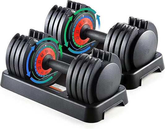 25/55 lbs Pair Adjustable Dumbbells Set, Adjustable Weights Dumbbells Set for Men and Women with Anti-Slip Fast Adjust Weight by Turning Handle,Black Dumbbell with Tray