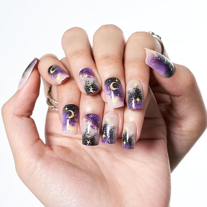 GLAMERMAID Deep Purple Ombre Press on Nails Medium Square, Gothic Moon Glitter Gel False Nals, Gothic Moon Glitter Glue on Nails Kit for Women, Reusable Stick on Acrylic Fake Nails Manicure Set