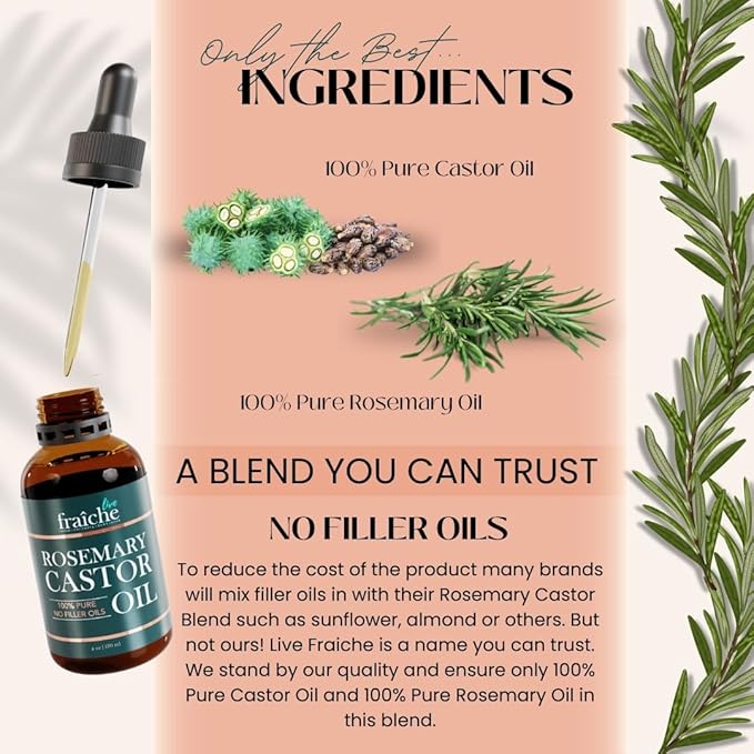 Live Fraiche Rosemary Castor Oil for Hair Growth 4 Ounce - Cold Pressed Castor Oil and Rosemary Oil for Damaged Hair to Reduce Hair Loss
