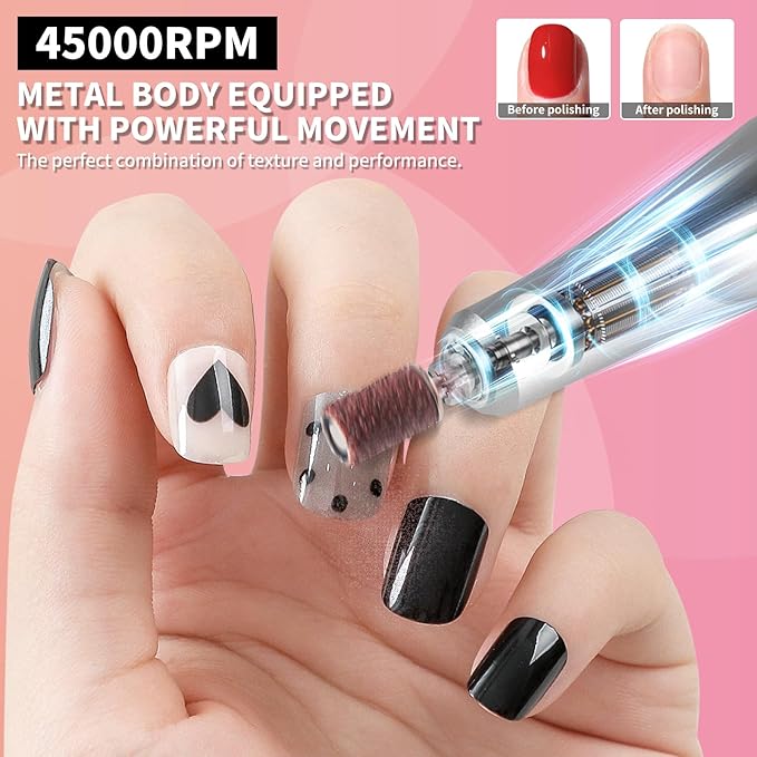 LIMEGIRL Professional Electric Nail File Drill Bits Kit 45000RPM for Acrylic Toenail Machine Clippers with 14 Drill Bit Pink Portable Rechargeable Cordless