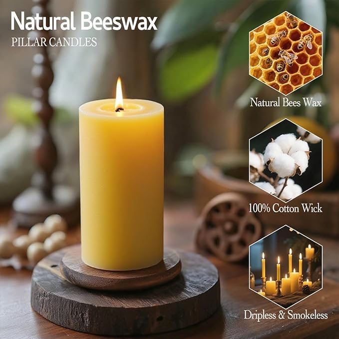 Natural Beeswax Candles Set of 6, Handmade Beeswax Pillar Candles Set, 6 Sizes, 100% Pure Unscented Bees Wax Candle, Honey Aroma Pillar Candles Bulk, for Calming, Relaxing, Air Purification