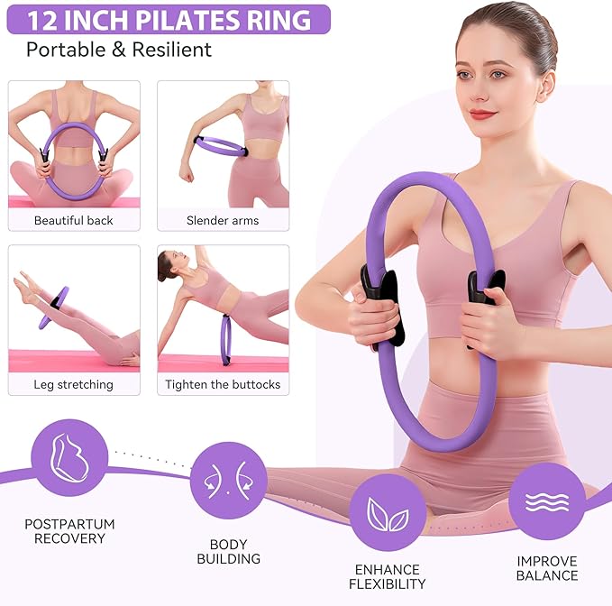 HASHMUST Pilates Ring Kit 12 PCS for Women, Home Workout Equipment with Magic Circle, Mini Exercise Ball, Resistance Bands, Massage Lacrosse, Yoga Strap, Full-Body Fitness Set for Toning & Gift