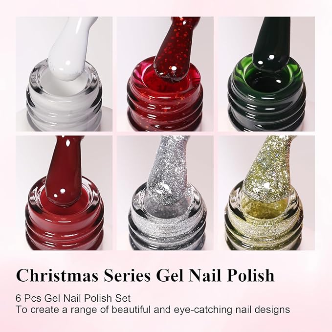 10ml Hema Free Gel Nail Polish Set, 6 Colors Gel Polish Kit Christmas Red White Dark Green Color Glitter Sparkle Winter Manicure Gift for Women at Home DIY and Salon