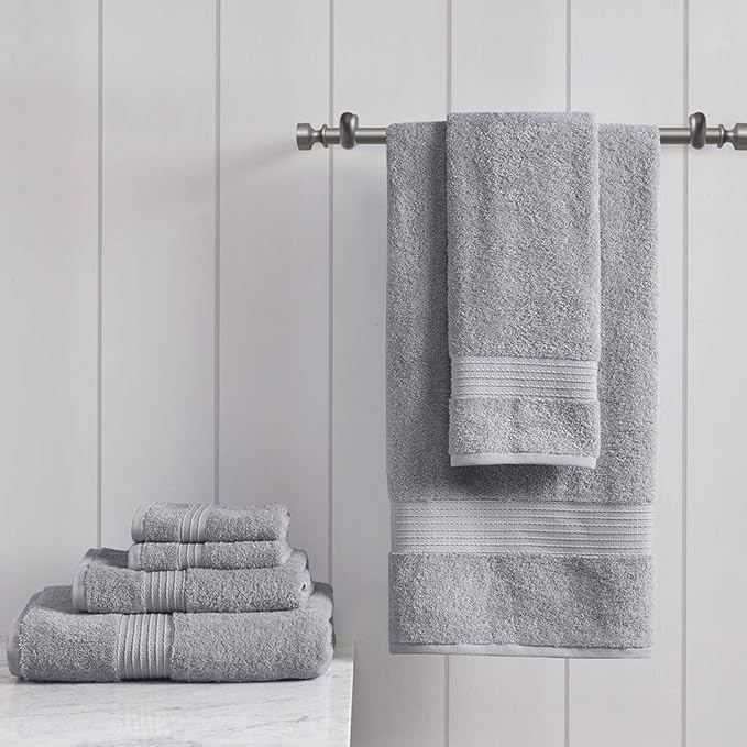 Madison Park Organic 100% Cotton Bathroom Towel Set, Hotel & Spa Quality Highly Absorbent, Quick Dry, Include for Shower, Handwash & Facial Washcloth, Multi-Sizes, Grey
