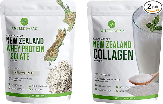 Antler Farms - 100% Grass Fed New Zealand Whey Protein Isolate & Collagen Powder Bundle