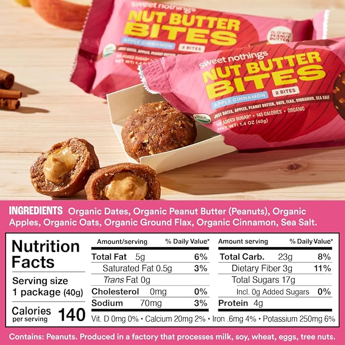 Sweet Nothings, Apple Cinnamon, USDA Organic Nut Butter Bites Protein Bar, Nut & Date Snack, Filled with Peanut Butter, 12-2 Bite Value Packs - No Added Sugar, Good Source of Fiber, Only 7 Ingredients